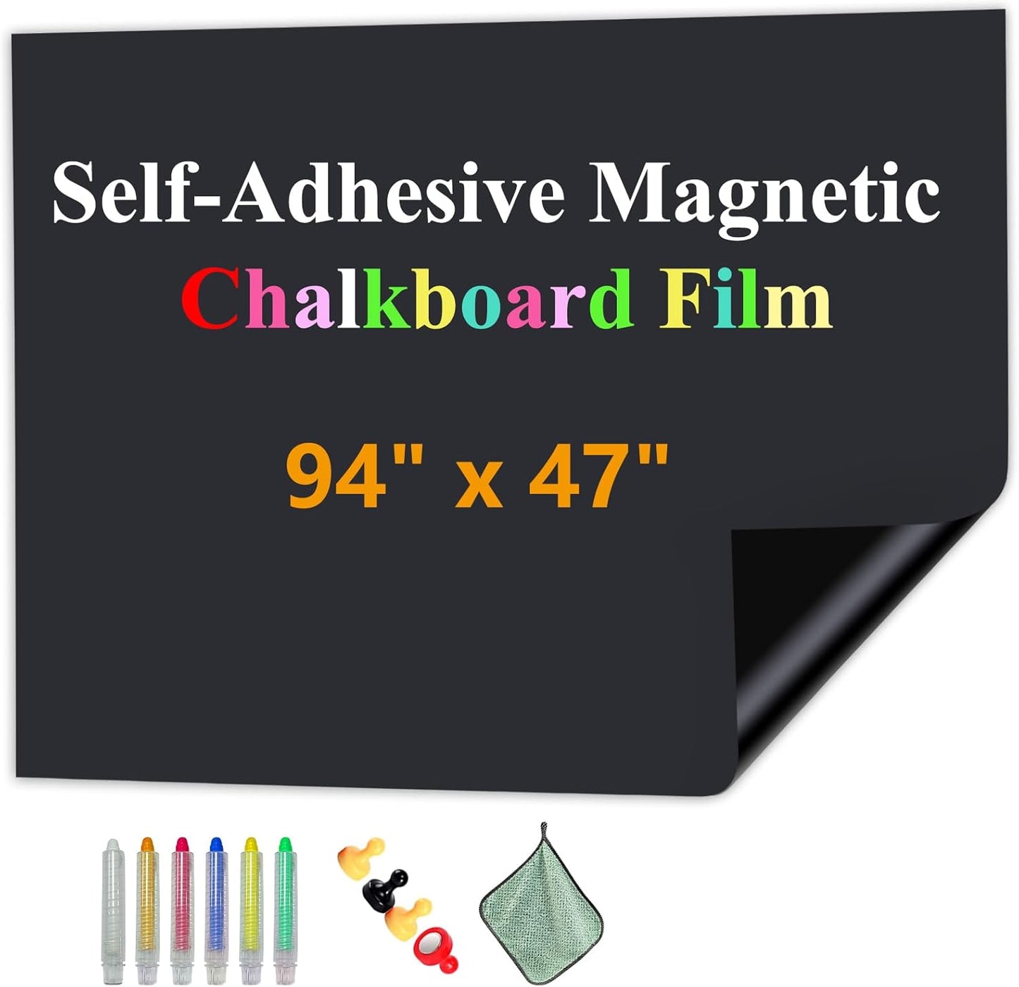 Magnetic Chalkboard Contact Paper with Adhesive, 94" x 47" Magnetic Blackboard Film for Walls, Peel and Stick – Ideal for Office, Classroom, Home. Includes Dustless Chalk, Wiping Cloth, and Magnet