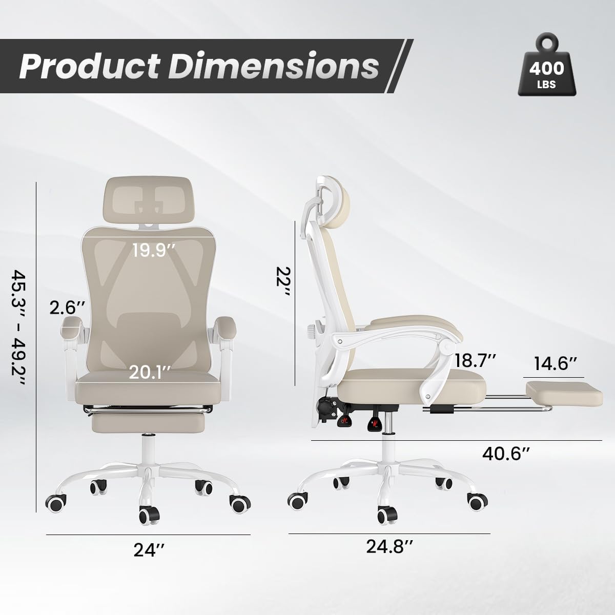 Farini Ergonomic Office Chair with Footrest, Mesh Office Desk Chair with Headrest, High Back Computer Chair with Adjustable Lumbar Support for Home Office Study Room Bedroom, White & Kakhi