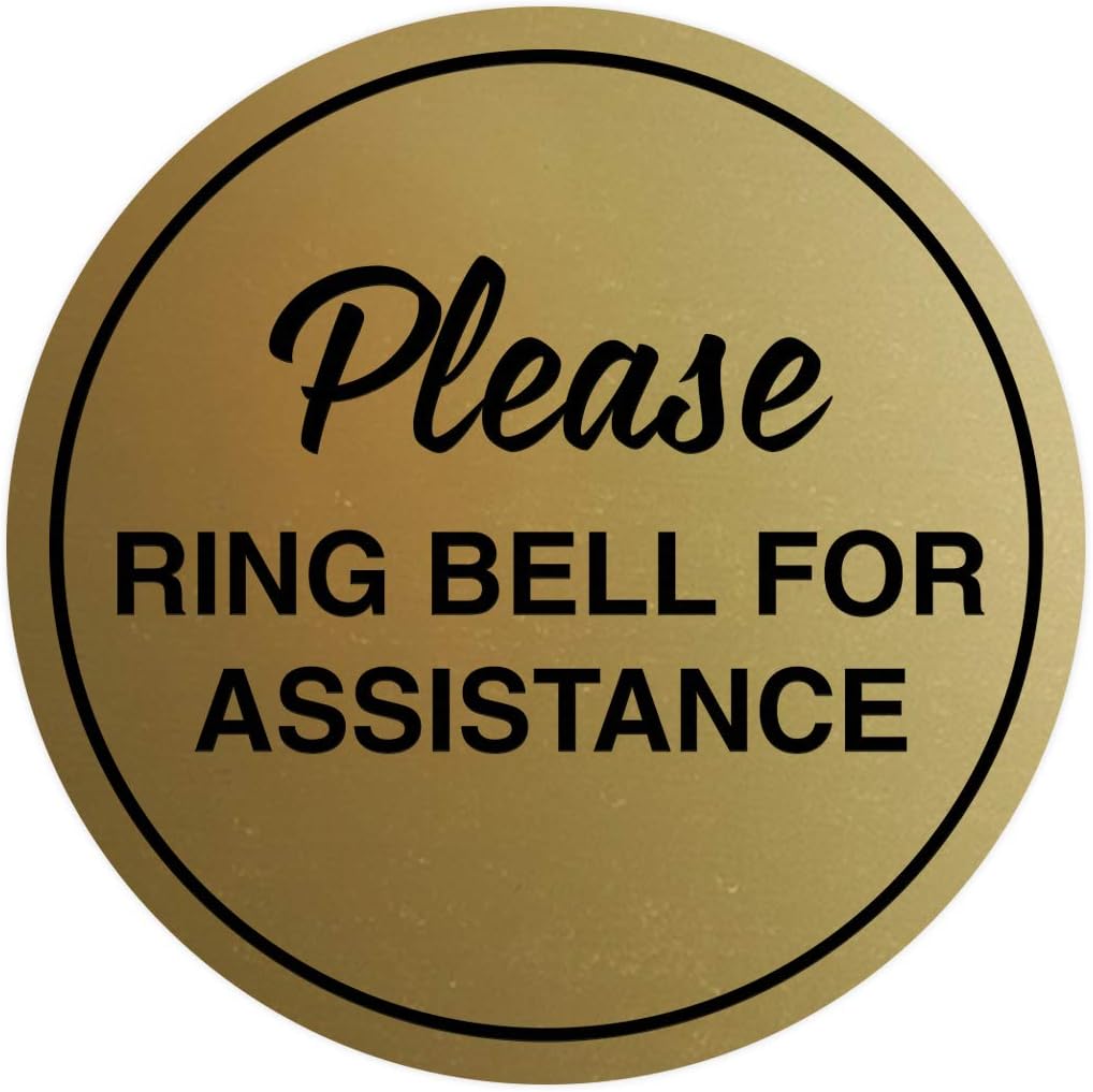 Signs ByLITA Circle Please Ring Bell For Assistance Wall or Door Sign | Easy Installation | Front Desk Reception Sign (Brushed Gold) - Small (10 Pack)