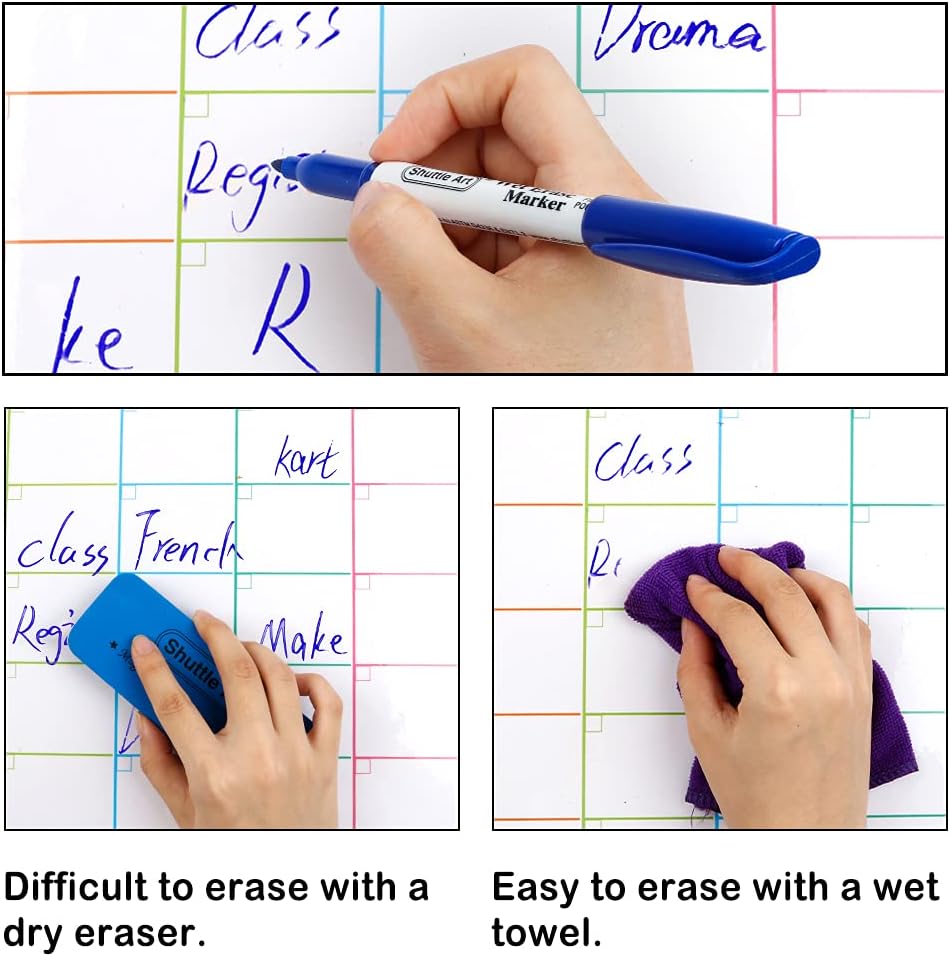Shuttle Art Wet Erase Markers, 15 Pack Blue 1mm Fine Tip Smudge-Free Markers, Use on Laminated Calendars, Overhead Projectors, Schedules, Whiteboards, Transparencies, Glass, Wipe with Water
