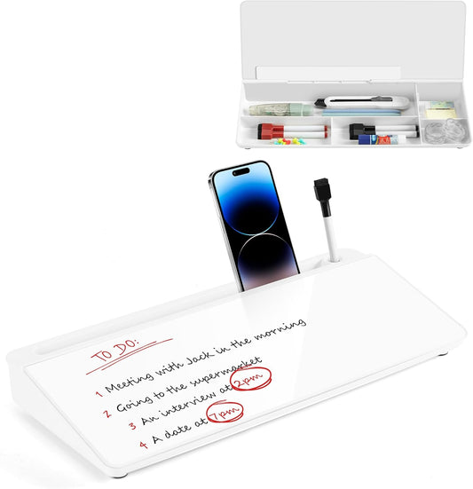 VUSIGN Glass Desktop Whiteboard with Storage, Small Organizer Dry Erase Board Desk Board Buddy White Board, Desktop Computer Pad for Notetaking, Desk Whiteboard for Office, Home, School Supplies