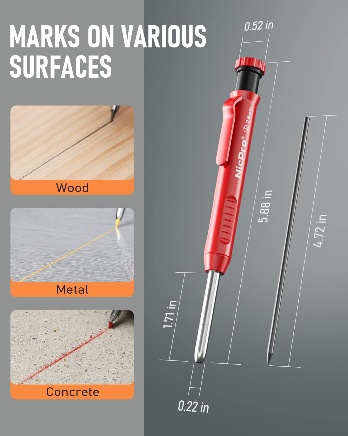 Nicpro Carpenter Pencil with Sharpener, Mechanical Pencils Set with 26 Refills, Deep Hole Marker for Construction, Heavy Duty Woodworking Tools for Architect (Black, Red) - With Case
