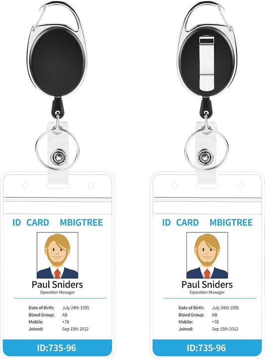 2 Pack ID Badge Holder,Badge Holder Retractable Clip with Carabiner Reel Clip and Key Ring for Men and Women