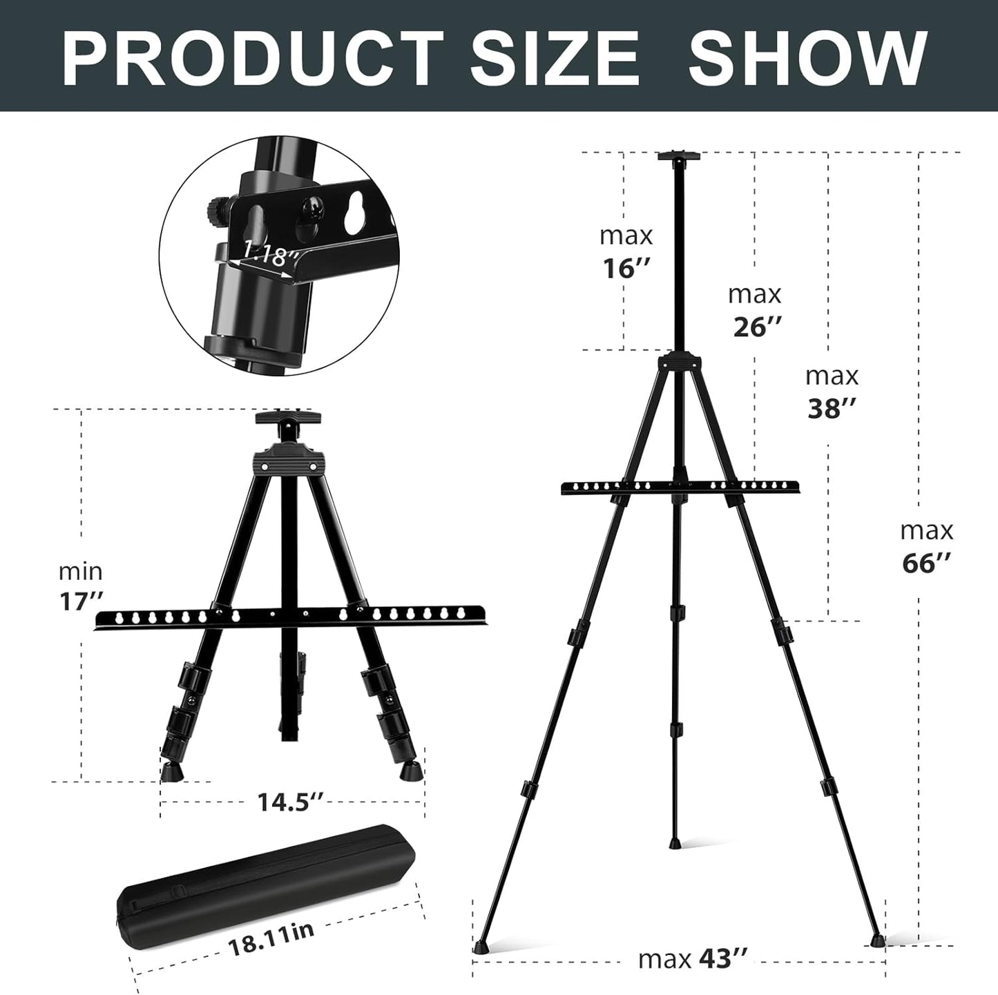 AROIC 8 Pack Painting Display Easel Stand Portable Adjustable Metal Tripod Artist Canvases Height from17to66Inch Extra Sturdy forTable-Top/Floor Painting, Drawingand Displaying,Black with8Storage Bag