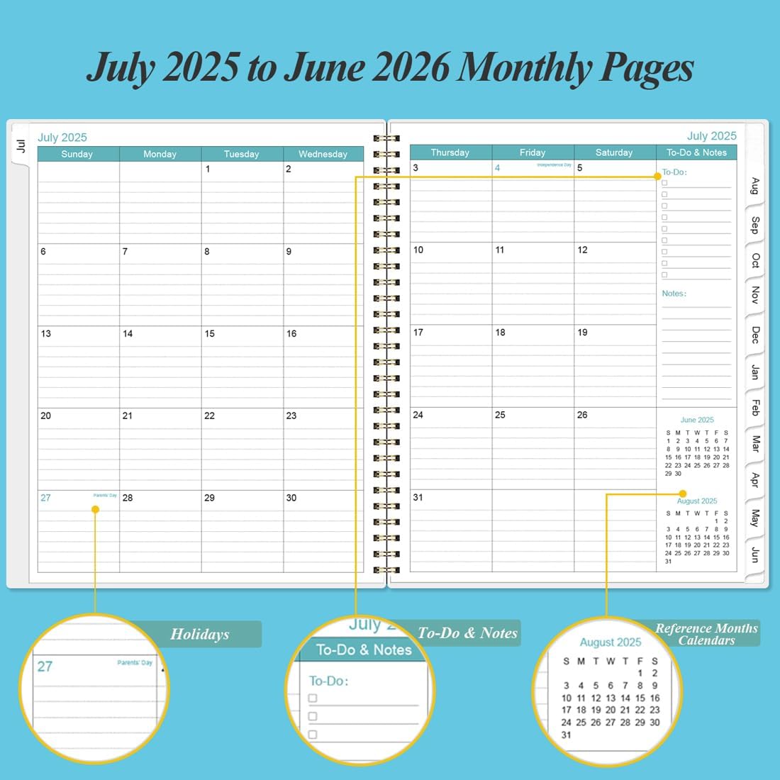 2025-2026 Planner - Academic Planner 2025-2026 from July 2025 to June 2026 with 12 Monthly Tabs, Flexible Cover, Inner Pocket, 8.5" x 11", Blue Watercolor
