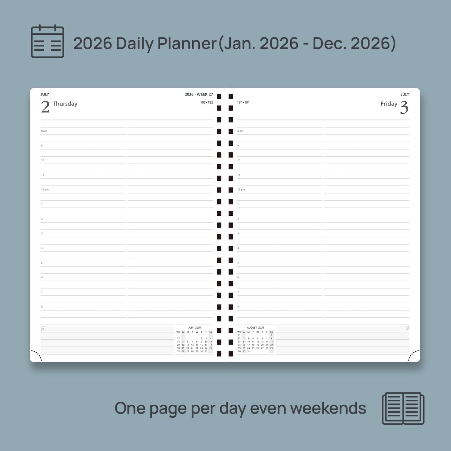 POPRUN 2026 Daily Planner One Page A Day - [A4 Large Size 8.25" x 12" -Spiral Hard Cover], Agenda 2026 Hourly Appointment Book with Monthly Calendar, Pen Holder, Ivory Paper -Light Pink