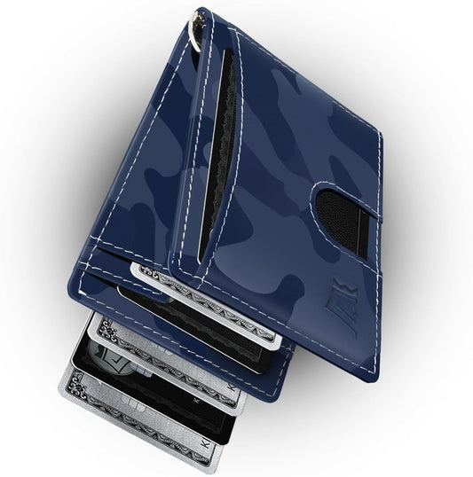 Kings Loot Money Clip Slim Minimalist Wallet for Men – RFID Blocking Leather Design with Money Clip – Front Pocket Bifold Holds 12 Cards – Stylish & Compact Wallets (Camo Blue)