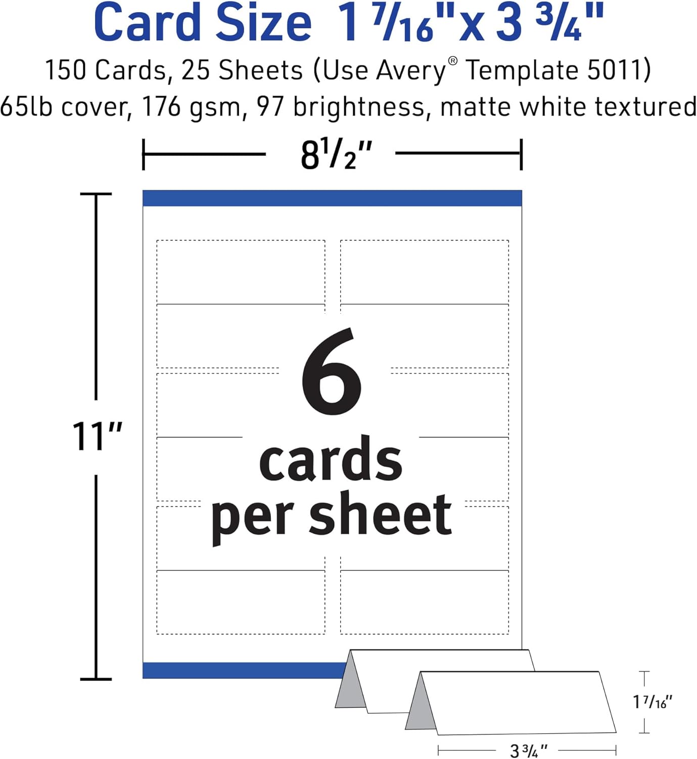 Avery Printable Place Cards with Sure Feed Technology, 1-7/16" x 3-3/4", Matte White, 150 Blank Tent Cards for Laser or Inkjet Printers (5011)
