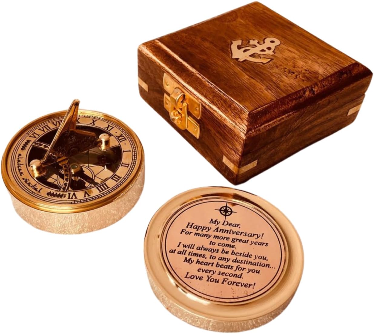 Anniversary Sundial Gift for Him or Her Sundial Clock Compass - Unique Gift for Husband or Wife, Men 1st Wedding Anniversary 50th 40th 25th 20th Year Celebration (Anniversary Sundial Wood Box)