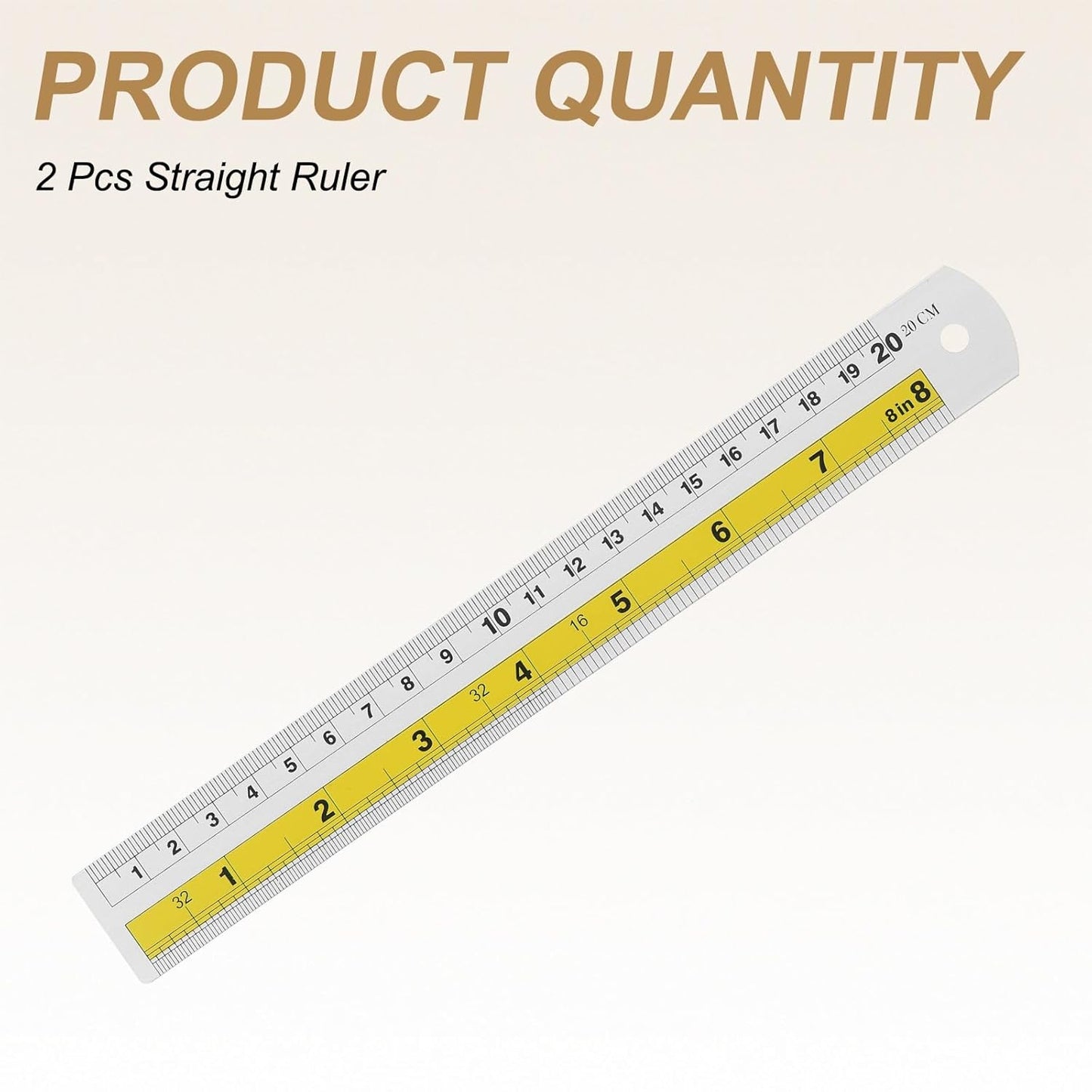 HARFINGTON 2pcs Metal Straight Ruler 20cm Metric SAE Aluminum Alloy Measuring Rulers Scale Tool with Hole for Measure Study Reading Classroom Office, Yellow