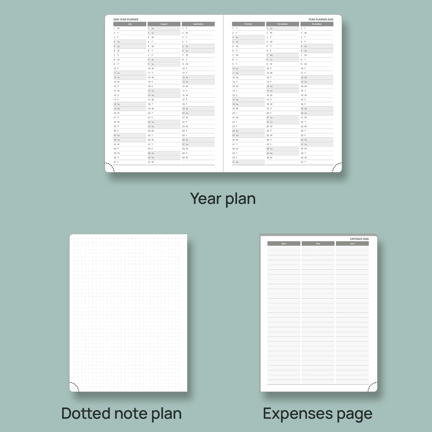 POPRUN Planner 2025-2026, (Medium 6.5'' x 8.5'' Hard Cover) Academic Calendar (July 25-June 26) Daily Weekly and Monthly Appointment Book with Hourly Time Slots, Monthly Tabs, 100 GSM - Pacific Green