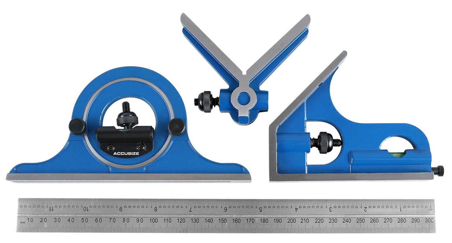 Accusize Industrial Tools Combination Square Set, 12''/300mm, 4 Pcs/Set, 0000-8108