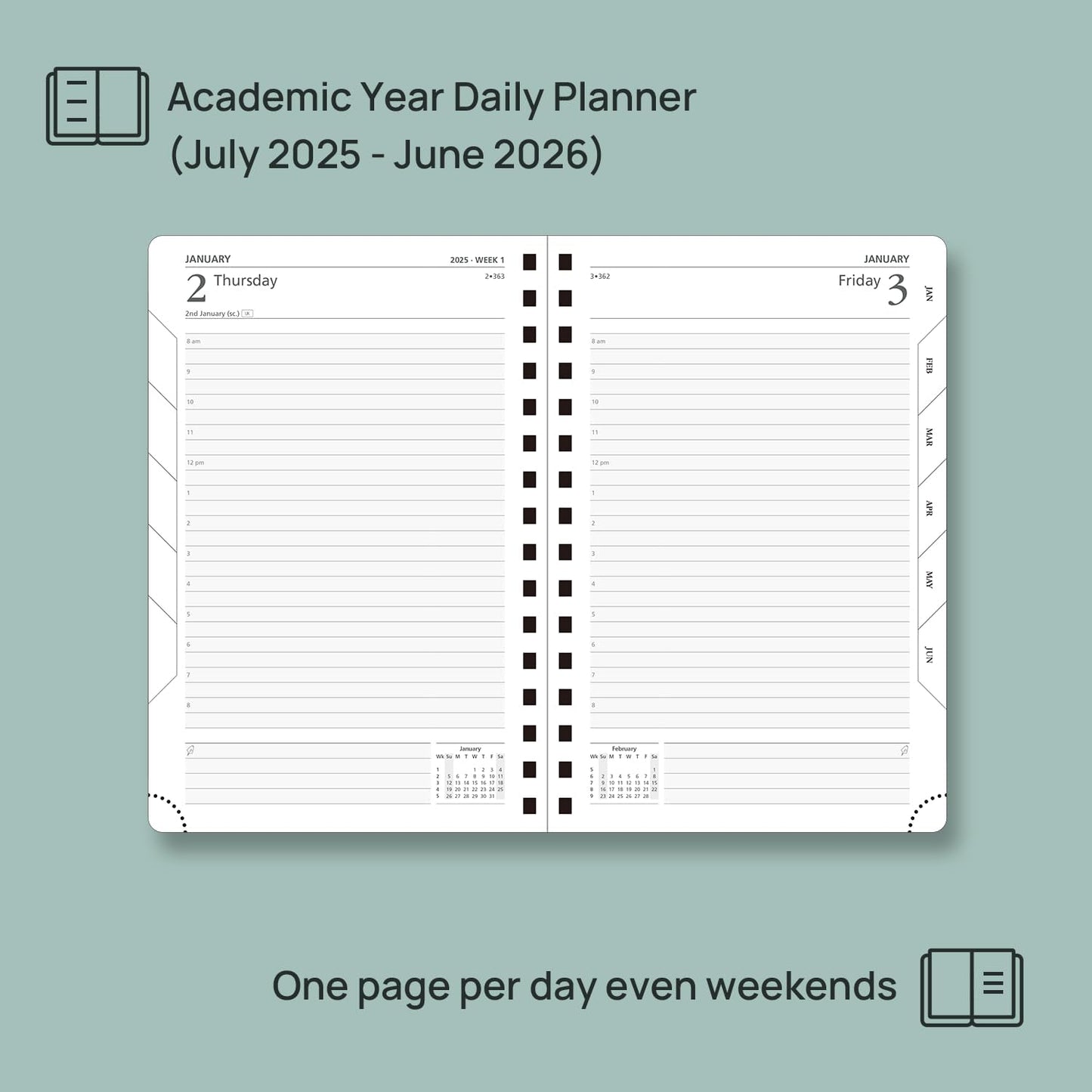 POPRUN Academic Daily Planner 2025-2026 One Page A Day - [5.75" x 8.5"- Spiral Hard Cover], Appointment Book (July 2025 - June 2026) with Monthly Calendar - Pacific Green