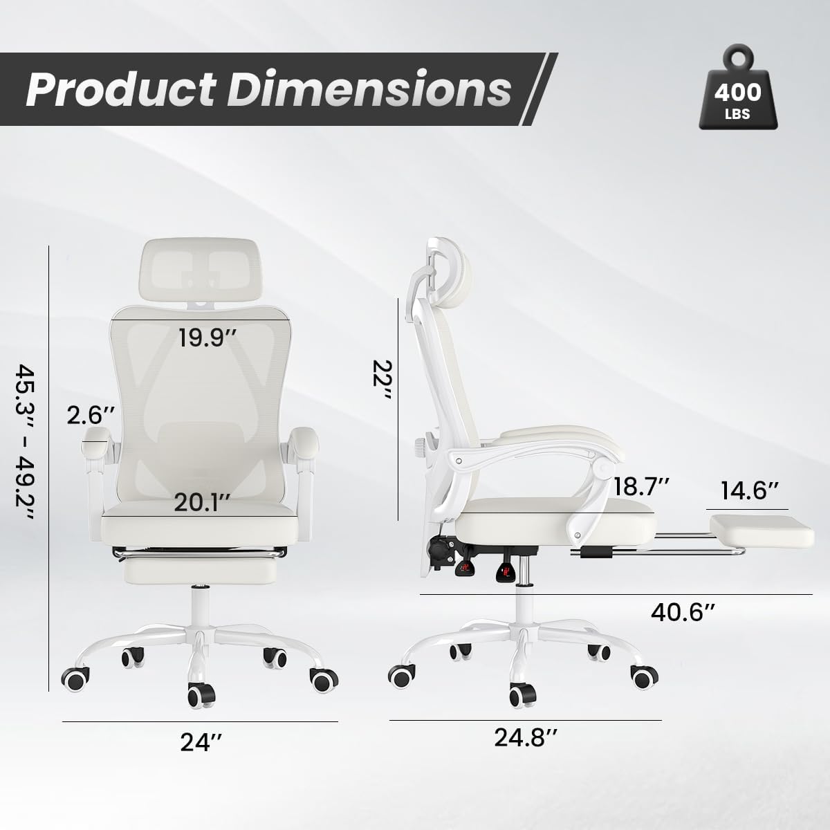 Farini Ergonomic Office Chair with Footrest, Mesh Office Desk Chair with Headrest, High Back Computer Chair with Adjustable Lumbar Support for Home Office Study Room Bedroom, White & Beige