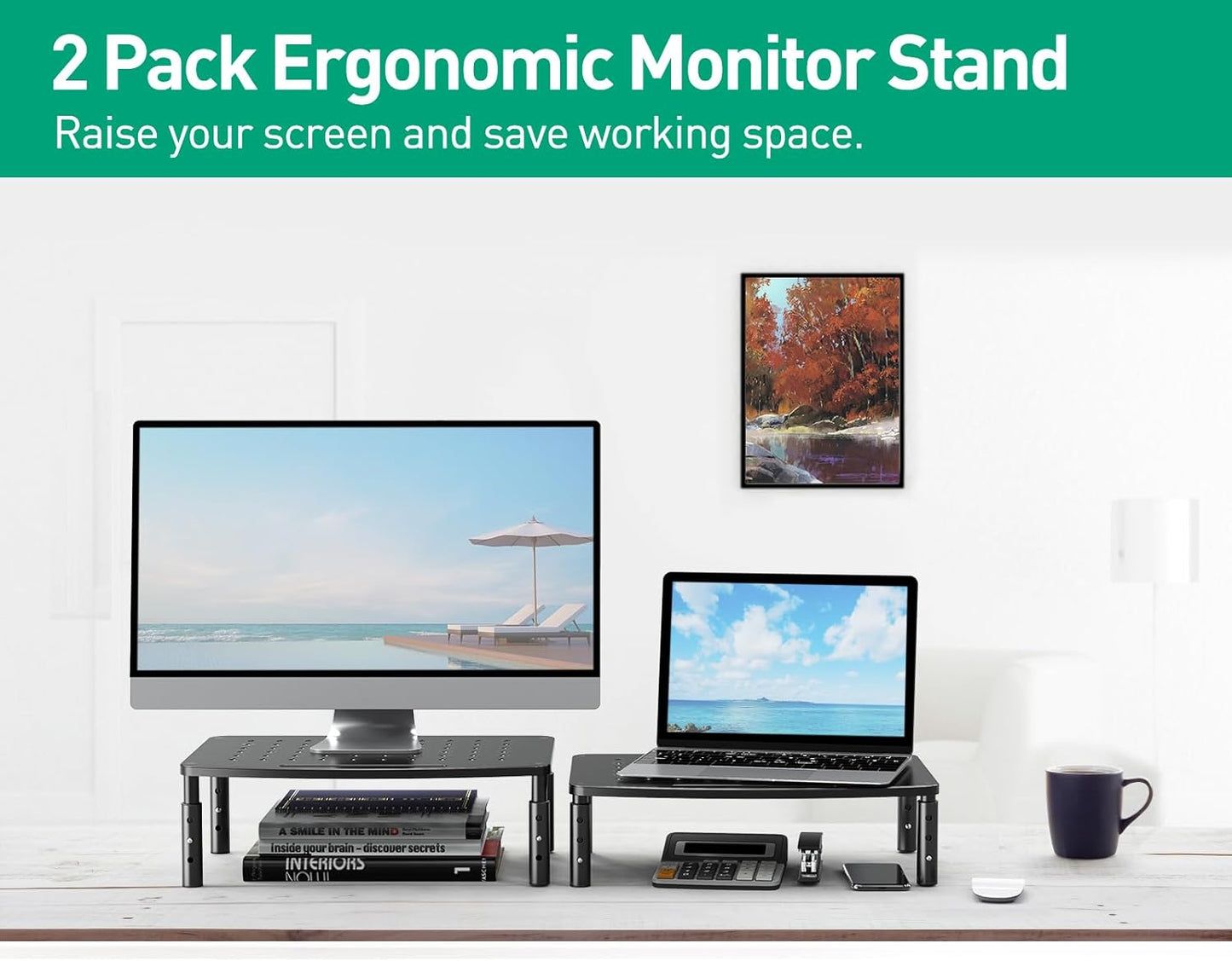 Zimilar 2 Pack Monitor Stands, 3 Height Adjustable Riser for Laptop, Printer, iMac, PC, Premium Metal Stand for 2 Monitors