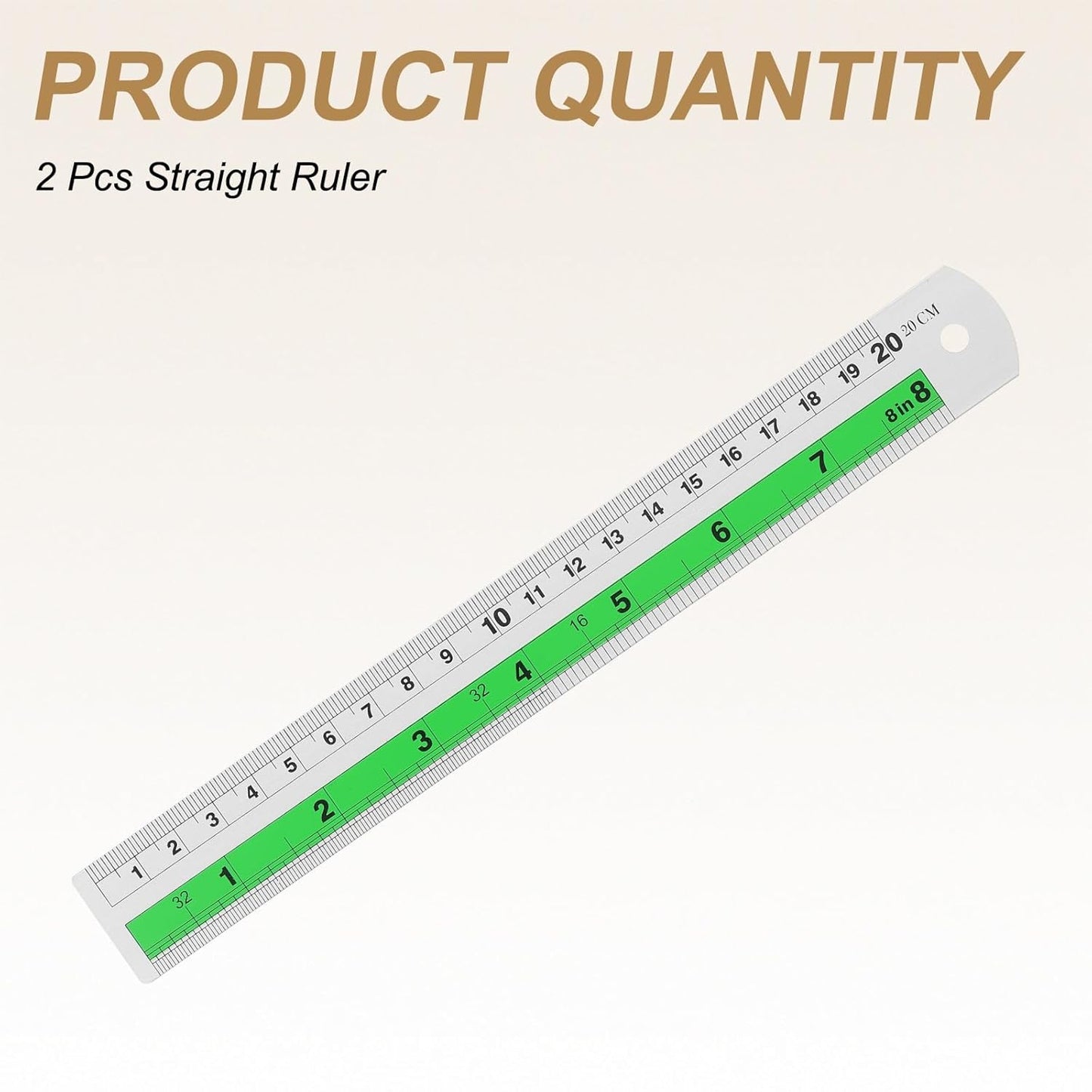 HARFINGTON 2pcs Metal Straight Ruler 20cm Metric SAE Aluminum Alloy Measuring Rulers Scale Tool with Hole for Measure Study Reading Classroom Office, Green