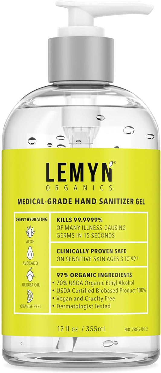 Medical‑Grade Hand Sanitizer Gel – 97 % Organic | 70 % USP Ethyl Alcohol | Moisturizing Aloe + Hyaluronic Acid | Freshly Made in USA | 12oz Bottle with Pump