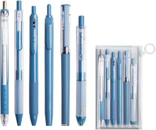 6 Count Pastel Gel Ink Pen Set,Cute Note Taking 0.5mm Fine Point Retractable 5 Count Black Ink Pens with 1 Count Highlighter for Writing, Journaling, School, Office (Blue)