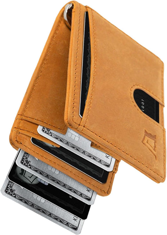 Kings Loot Money Clip Slim Minimalist Wallet for Men – RFID Blocking Leather Design with Money Clip – Front Pocket Bifold Holds 12 Cards – Stylish & Compact Wallets (Buckskin)
