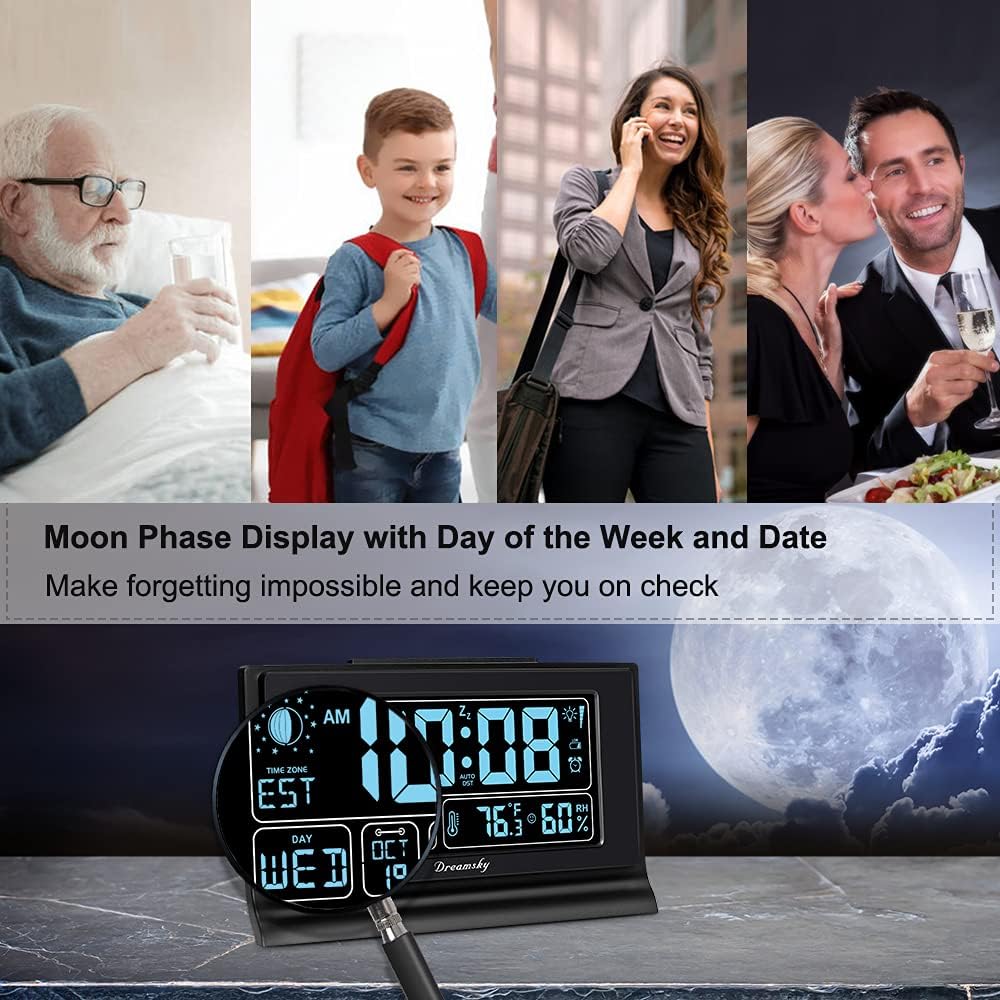 DreamSky Alarm Clocks for Bedrooms with Battery Backup, Auto Set Digital Clock with Date and Day of Week, Indoor Temperature Humidity, Moon Phase, Dimmer, Auto DST, USB Port
