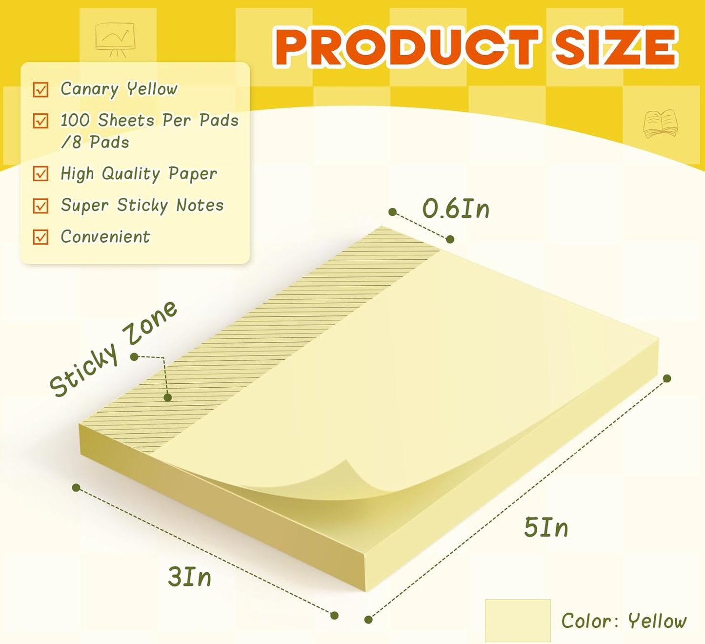 (8 Pack) Large Sticky Notes 3x5 in Yellow, 800 Pcs Self-Stick Notes,100 Sheets/Pad Super Adhesive Sticky Pads Recyclable for Home, Office, Notebook, Clean Removal