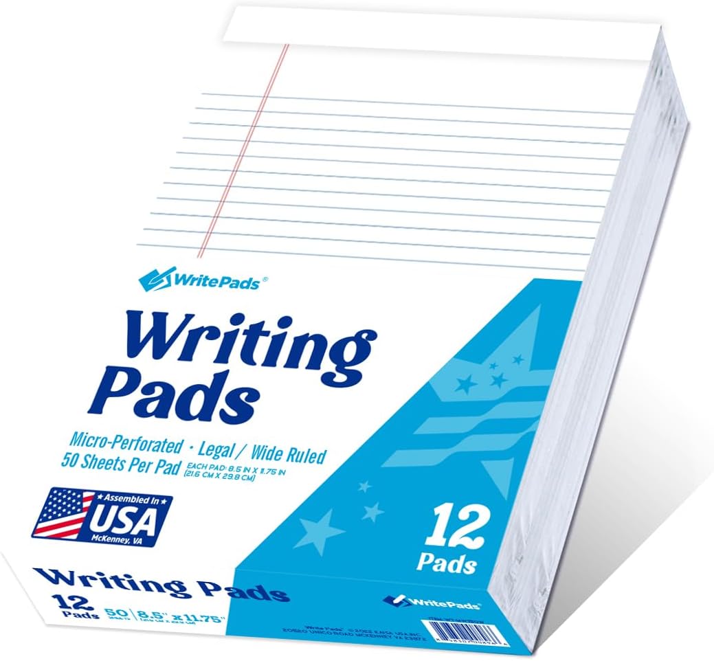 KAISA Legal Pads 8.5x11 inch Writing Pads, 8.5"x11.75" Wide Ruled Notepads Large Note Pads, White 50 Sheets 72 Pads,WT-MWT50W