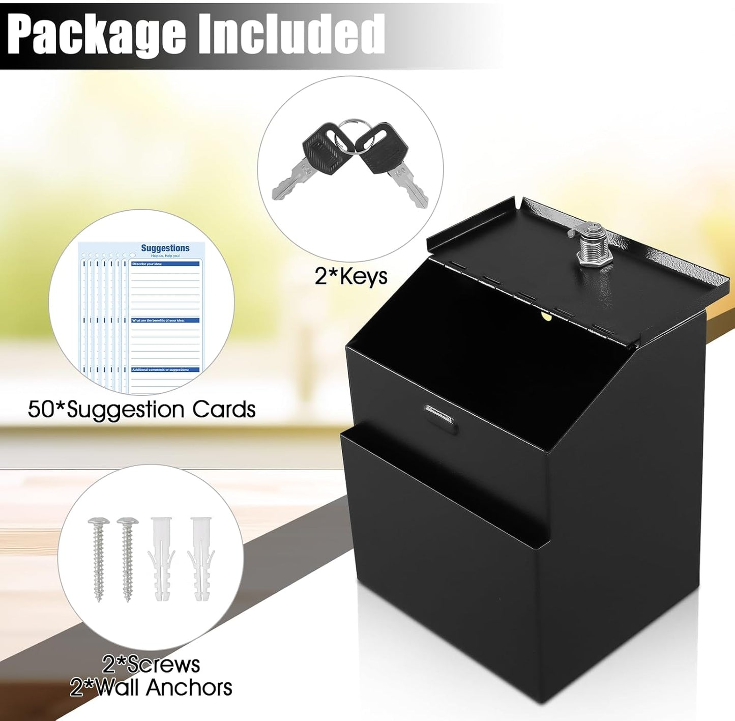 KYODOLED Suggestion Box with Lock and 50 Free Suggestion Cards, Metal Wall Mounted Ballot, Donation and Collection Key Drop Box with Slot & 2 Keys, 8H x 5.7W x 7L Inch, Black