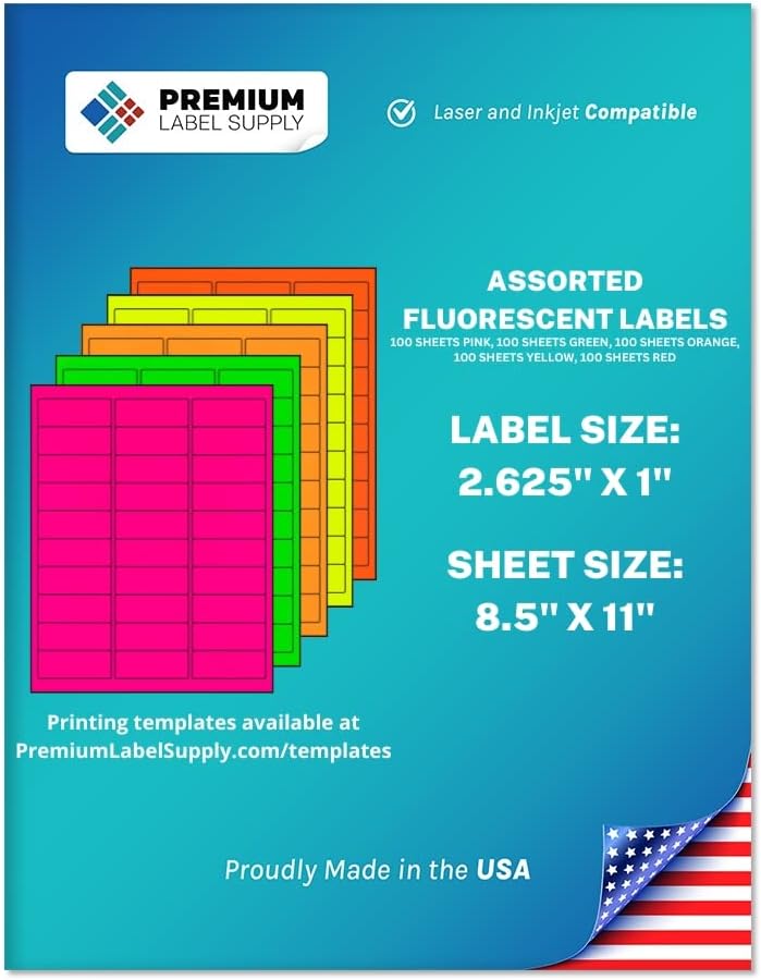 Premium Label Supply Bright Neon Color Fluorescent Stickers - 2.625" x 1" Address Labels - (Assorted Fluorescent, 15000 Labels)