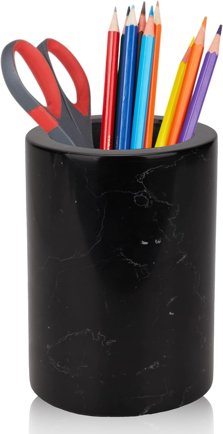 WORHE Natural Marble Pen Holder, Stylish Stone Caddy for Desk, Multi-Purpose Makeup Brush and Office Supply Storage Organizer, Desks Accessory Toothbrush Cup for Home School Black (DL003)