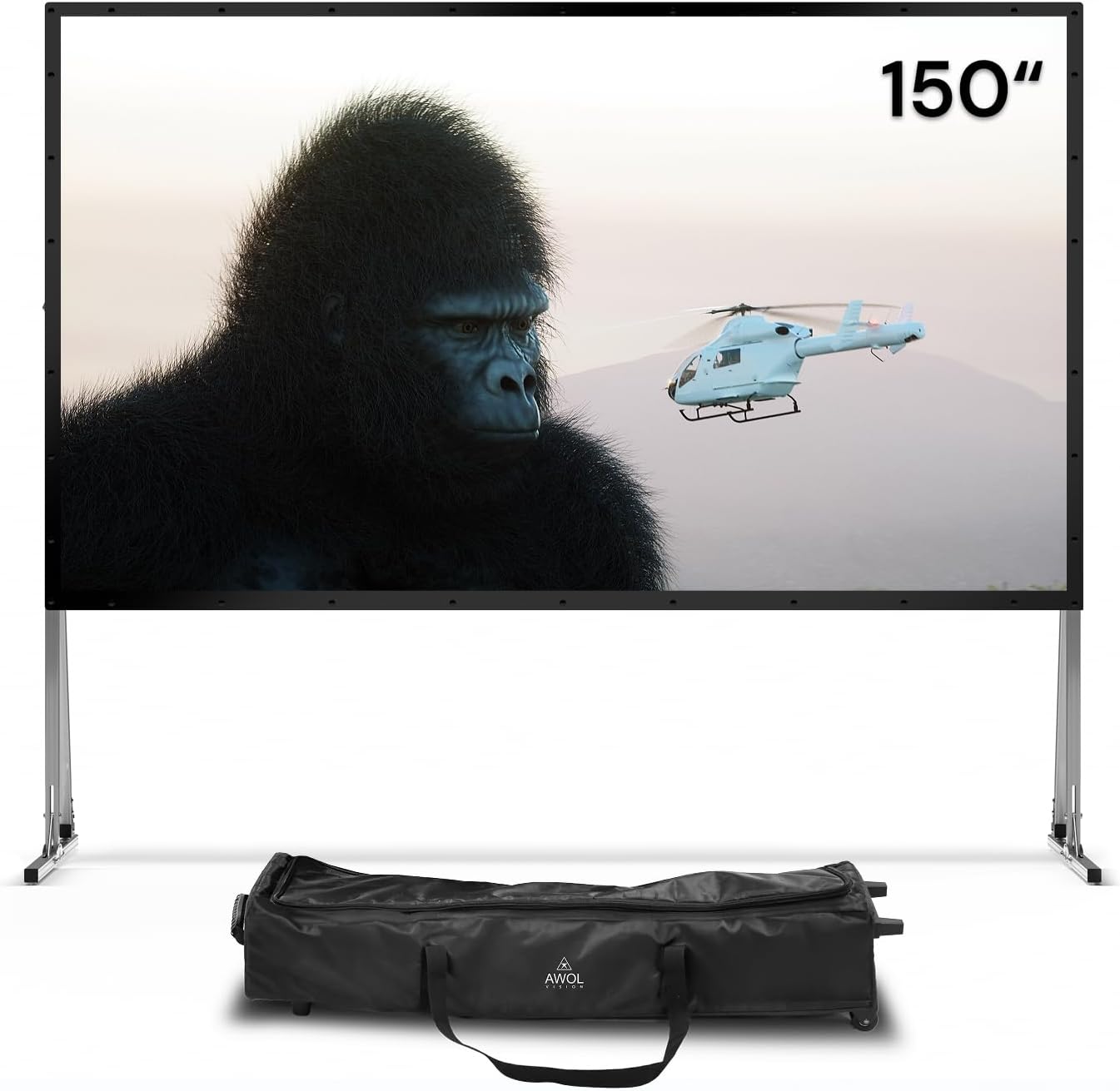 AWOL VISION Folding Outdoor Projector Screen with Stand (150 inches), Portable 16:9 4K HD Rear Front Movie Screen with Carry Bag for Theater Backyard Movie Night,Cinema School