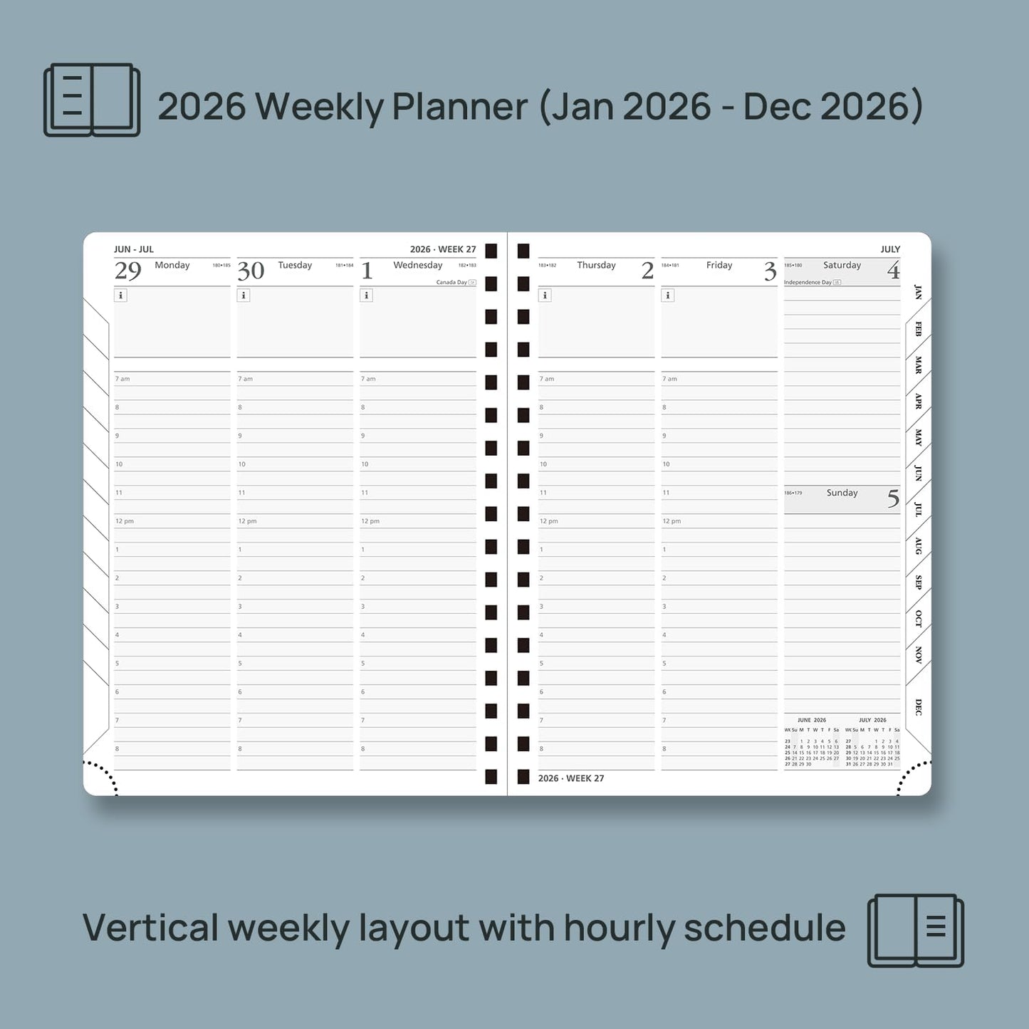 POPRUN 2026 Planner (Medium - 6.5'' x 8.5'') with Hourly Schedule, Vertical Layout - 2026 Weekly Calendar (Jan. 2026 - Dec.2026) for Time Management, Monthly Tabs, Spiral Bound, Soft Cover - Green
