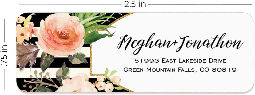 Black and White Stripe Floral Rolled Address Labels/Roll of 250 Personalized Return Address Labels/Designer Return Address Stickers in Elegant Plastic Dispenser