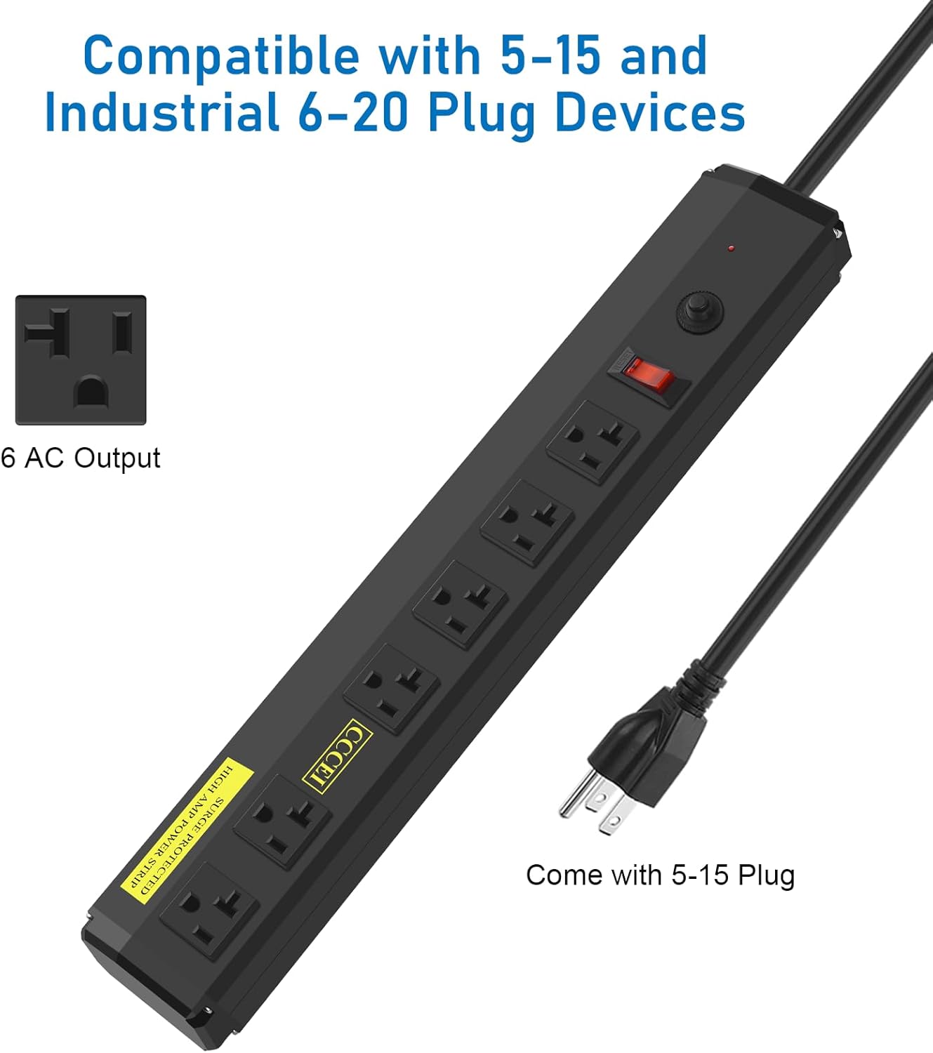 CCCEI Heavy Duty Power Strip Surge Protector 20 Amp, High Amp Industrial Shop Garage Metal Multiple Outlets, 6 FT 12 Gauge 5-15P Extension Cord 6 Outlet 6-20R T-Slot 20a for Appliance. Black.