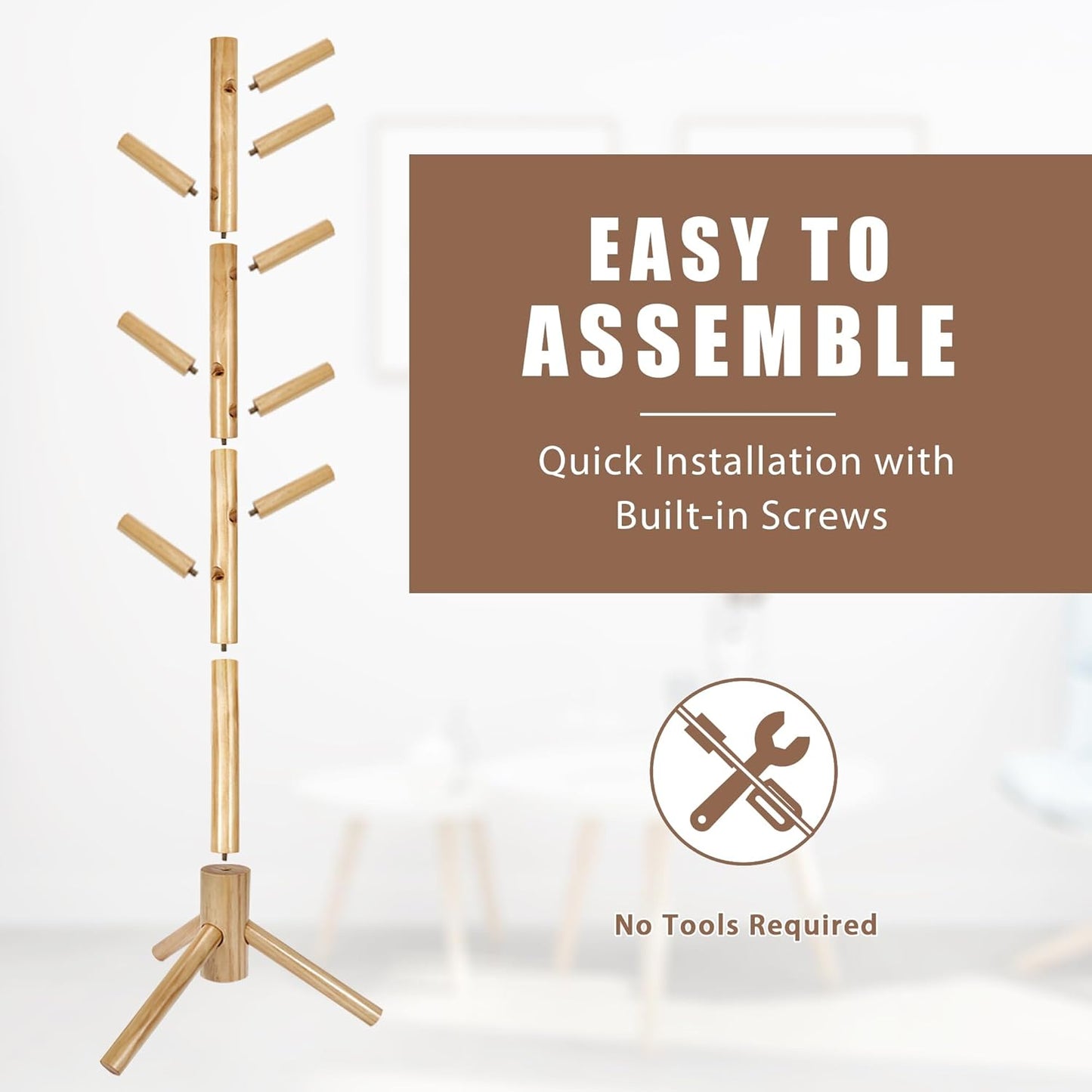 Haddockway Wooden Coat Rack Stand with 8 Hooks New Zealand Pine 3 Adjustable Coat Standing Tree Easy Assembly for Coats, Hats, Scarves and Handbags for Entryway, Hallway, Bedroom, Office