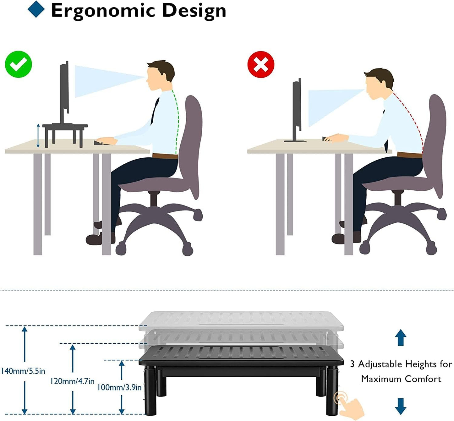 BONTEC 2 Pack Adjustable Monitor Stand Riser with Drawer, Ergonomic Mesh Platform for Laptop, PC, iMac, Printer, Supports up to 44 lbs/20kg with Cable Management Included