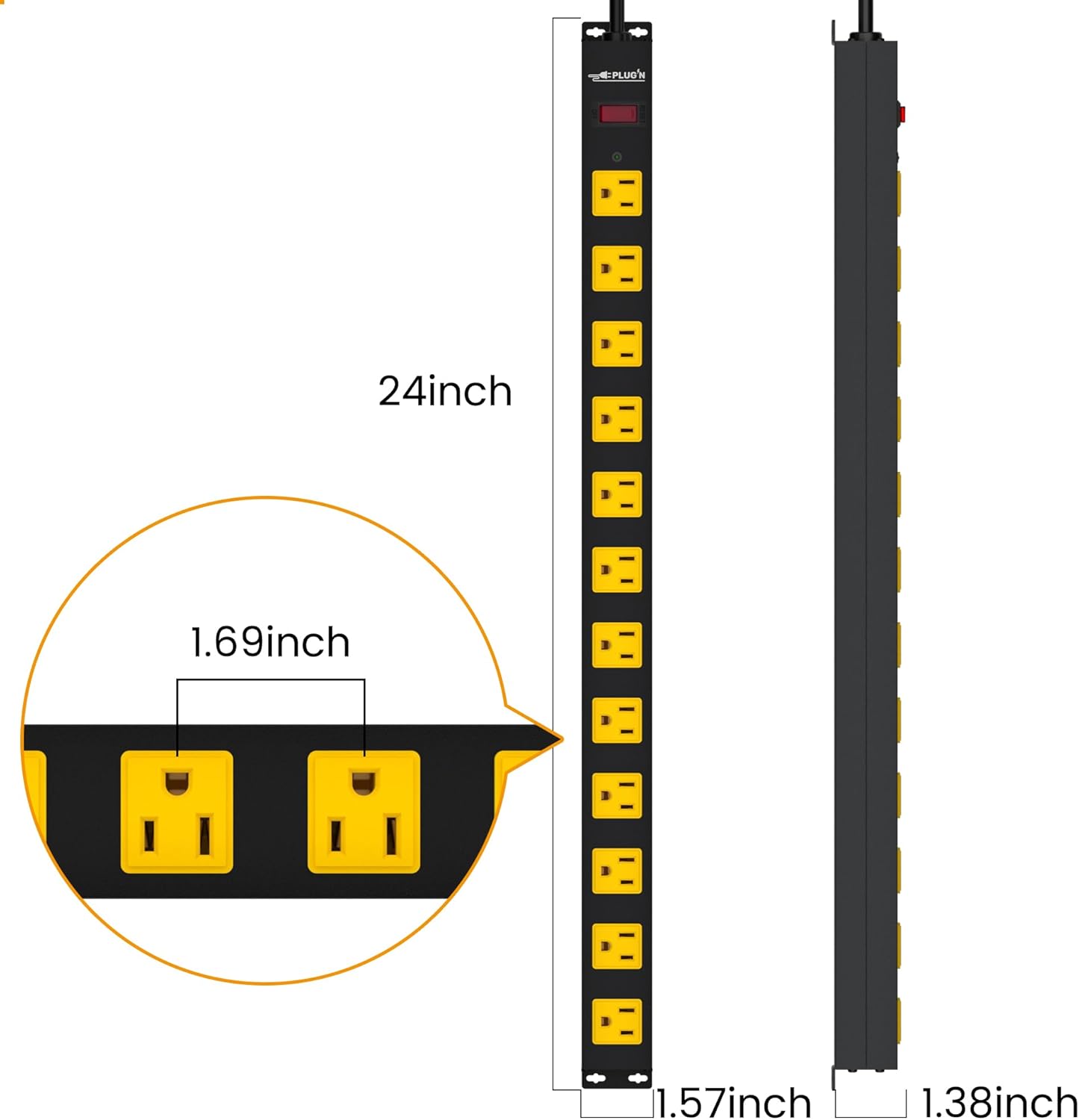 12 Outlet Long Power Strip, 3FT Power Cord, 2100 Joules Surge Protector, Wide Spaced Outlet Power Bar, Overload Protection Switch, Industrial Heavy Duty for Work Bench, Shop, Garage, 2 Pack