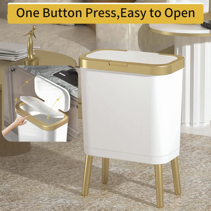Procade 2Pack White Trash Can with Lid, Bathroom Trash Can with Gold Edge, Narrow Modern Garbage Can for Bedroom, Slim Plastic Trash Bin for Room,Kitchen, Living Room, Office,4 Gallon