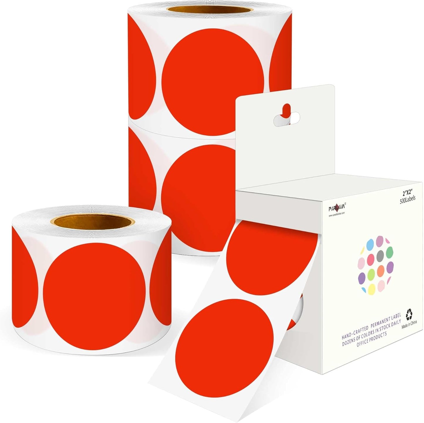 PARLAIM 2 inch Round Color-Code Dot Sticker Labels, 4 Rolls 2000 Adhesive Label Pack in Dispenser Box, Red