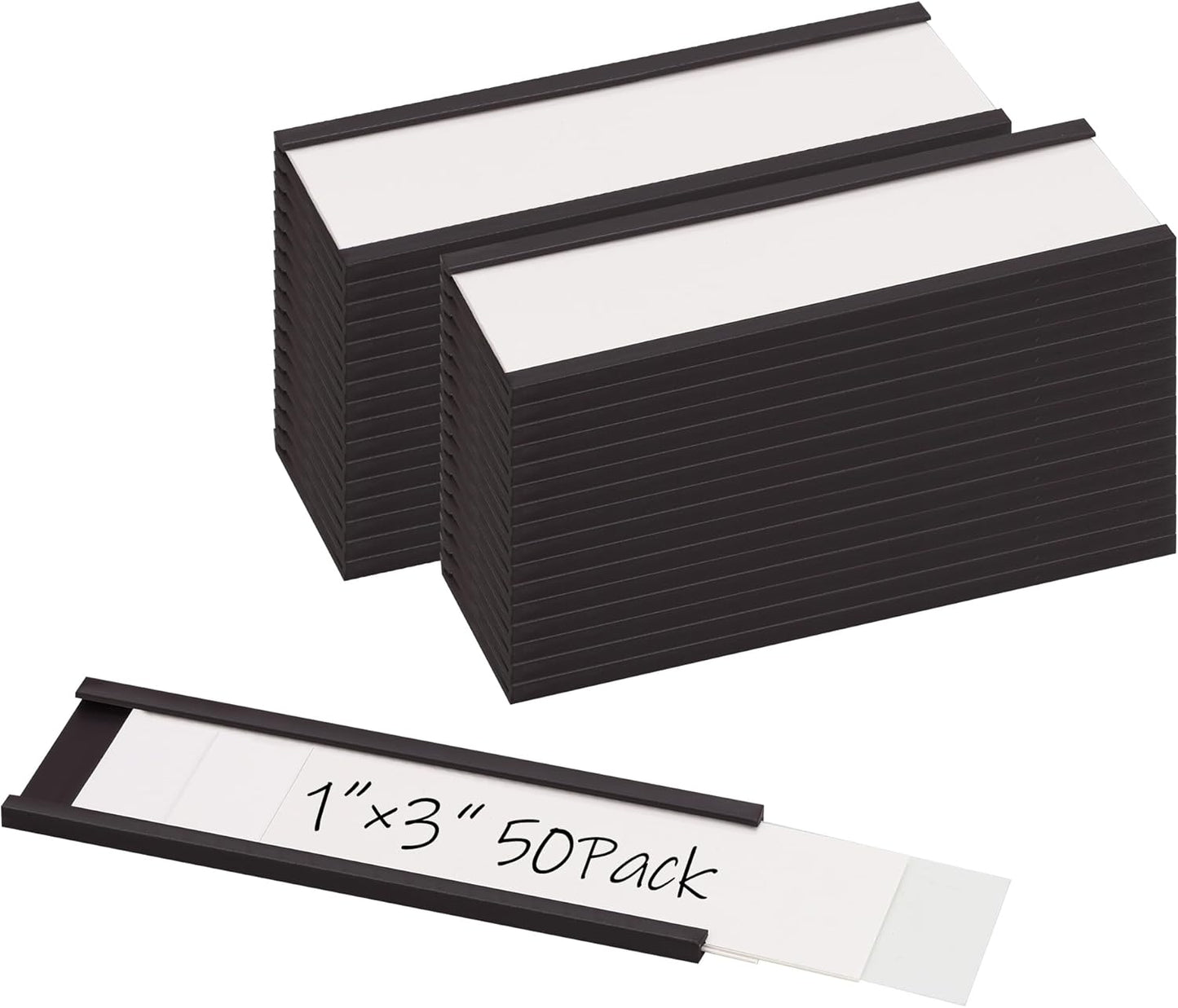 Realth C Channel Magnetic Label Holders 50 Pack 1'' x 3'' with Paper Inserts and Clear Plastic Protectors, Magnetic Data Card Holders File Cabinet Labels for Metal Racks and Shelves