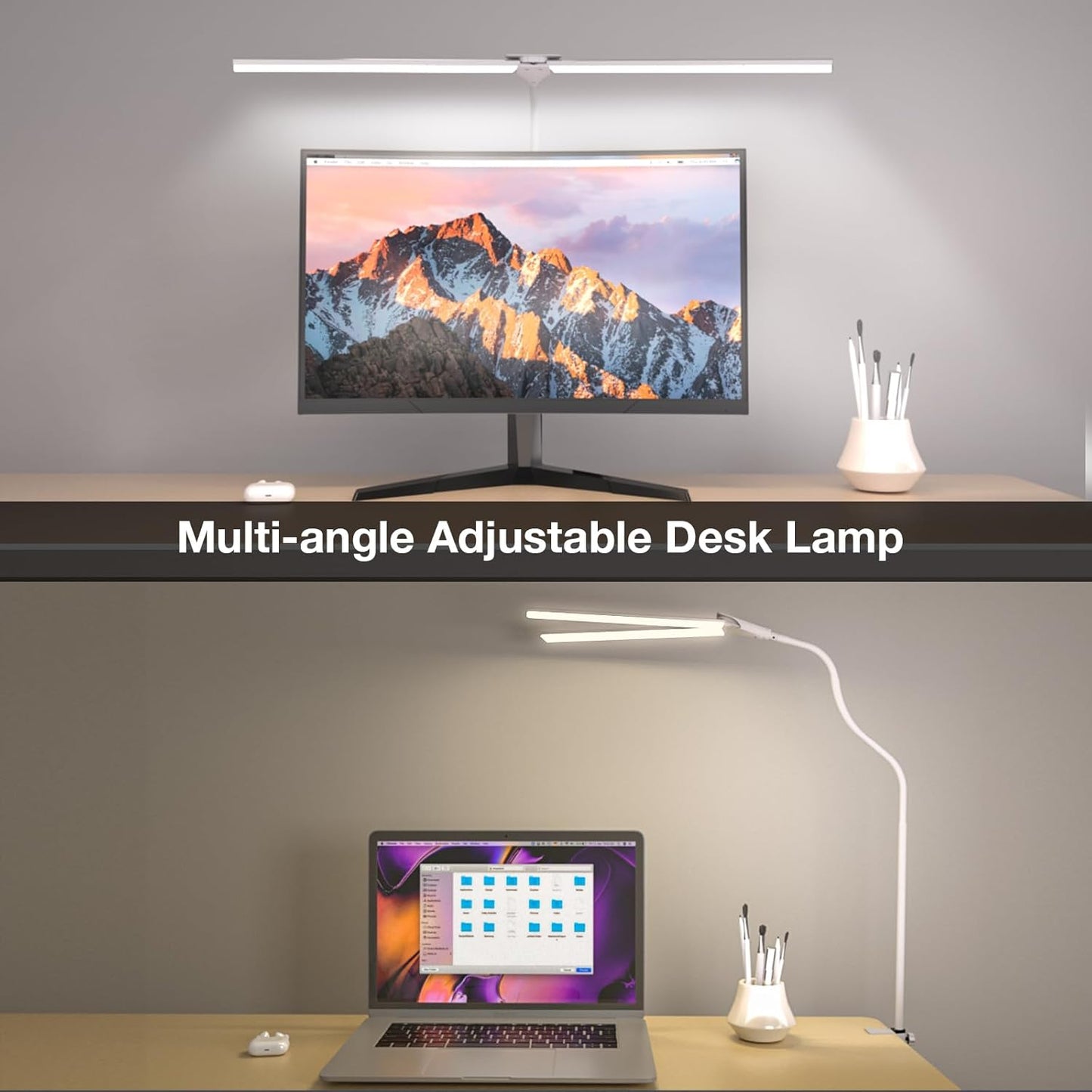 LED Desk Lamp, Double Head Desk Lamps for Home Office, Dimmable 25 Lighting Modes Bright Desk Lighting,12W 1400lm Eye-Caring Architect Table Lamp for Workbench Monitor Reading Study, White