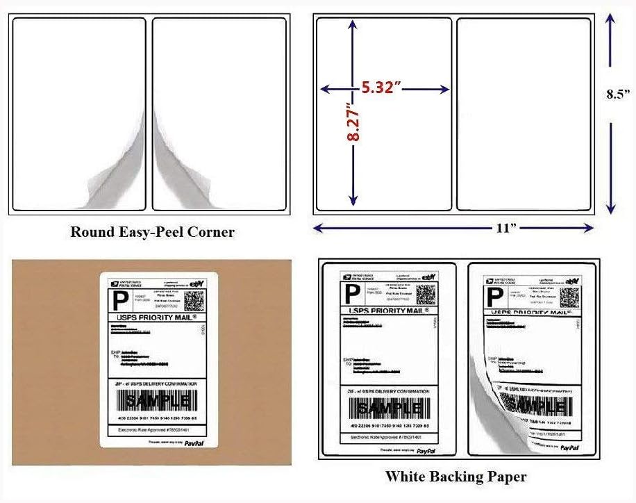 BESTEASY 1000 Round Corner Half Sheet Self Adhesive Shipping Labels for Laser and Ink Jet Printers, White Blank (500 Sheets, 1000 Labels)