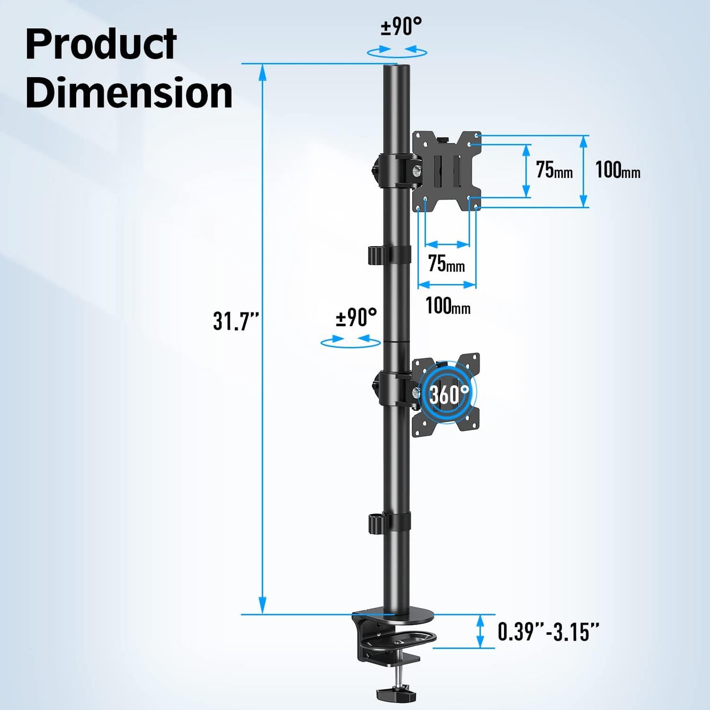 MOUNTUP Dual Monitor Stand, Vertical Monitor Mount for 2 Max 32 inch Stack Screen Monitors, Height Adjustable, Swivel, Tilt Monitor Desk Mount with C Clamp Grommet Base, MU3004