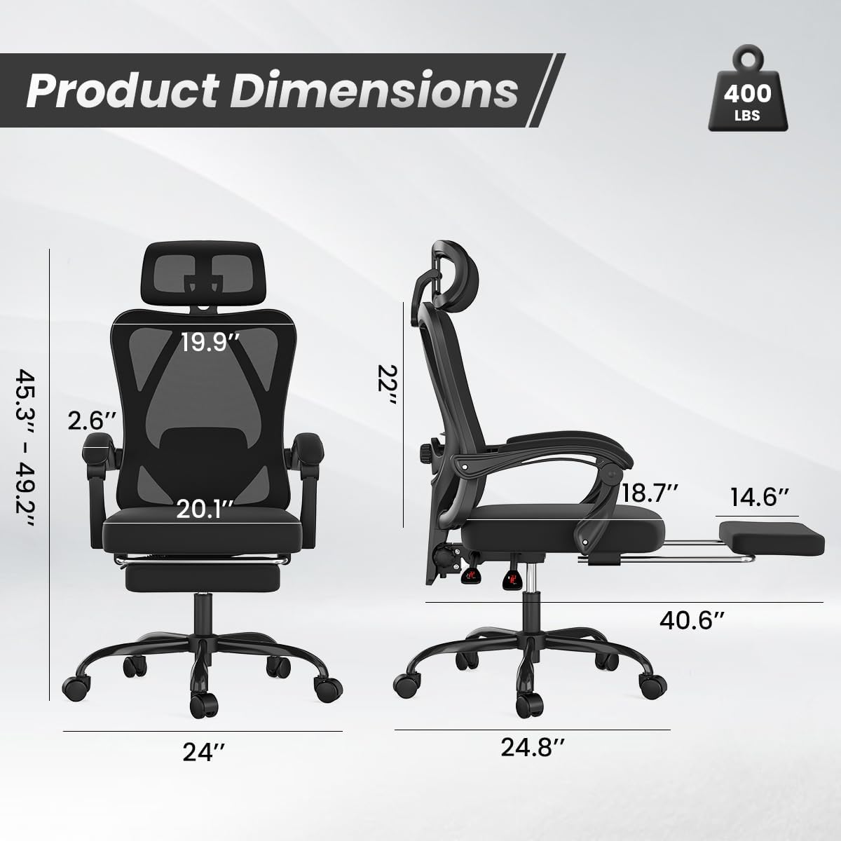 Farini Ergonomic Office Chair with Footrest, Mesh Office Desk Chair with Headrest, High Back Computer Chair with Adjustable Lumbar Support.for Home Office Study Room Bedroom (Black)