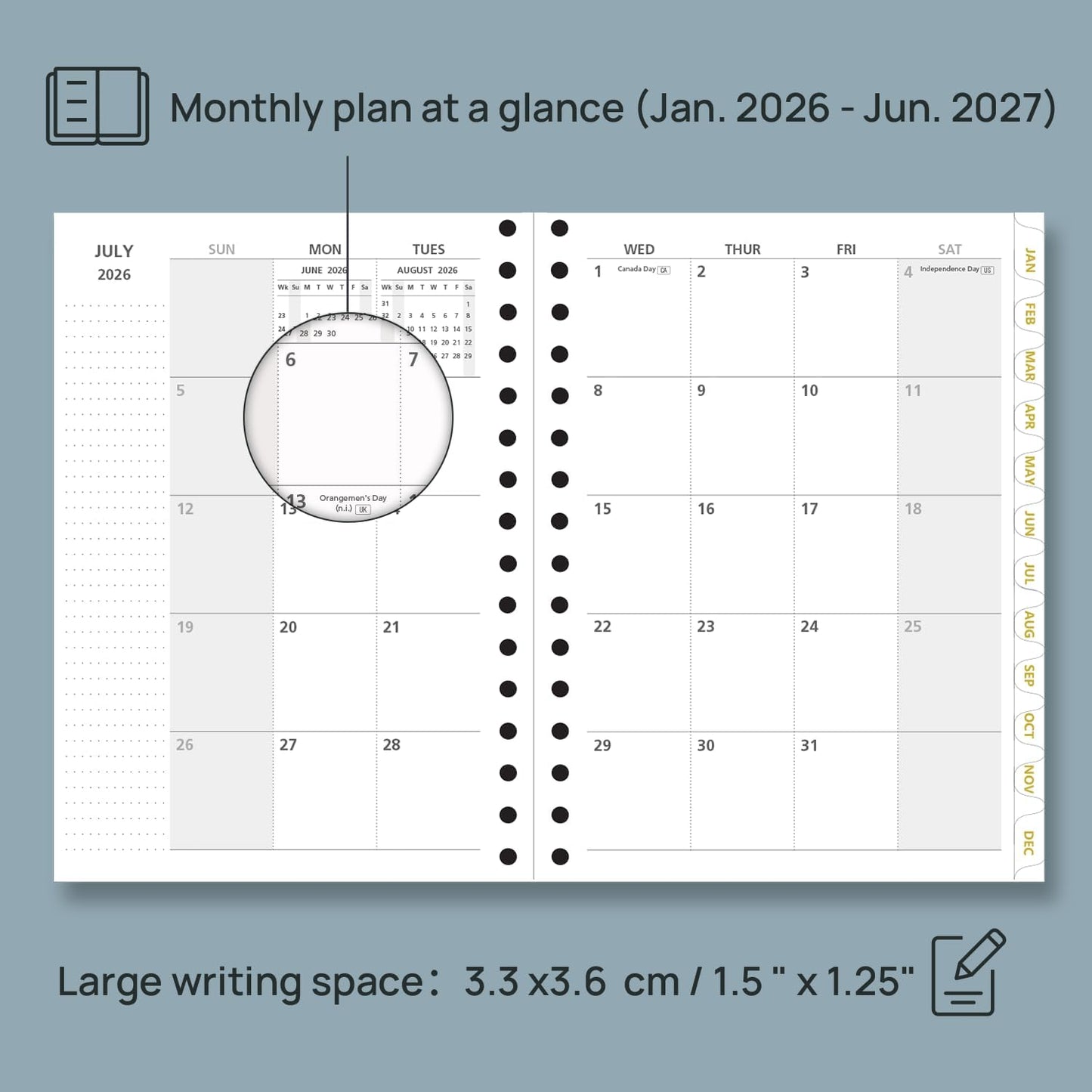 POPRUN Monthly Planner 2026-2027 Spiral Hardcover (6.25'' x 8.5''), 18 Months Calendar (Jan.2026-Jun.2027) - 2 Pages per Month with Dotted Note Pages, Sunday Start, Laminated Tab - Pacific Green