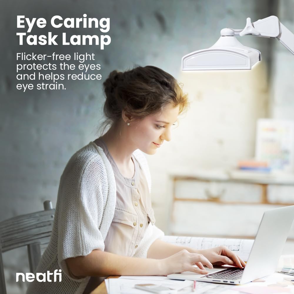 Neatfi Ultra 3,500 Lumen LED Desk Lamp, Color Correlated Temperature, 3 Light Modes, Dimmable, 45W, 26 Inch Wide Metal Shade, 540 SMD LEDs (CCT with Clamp, White)