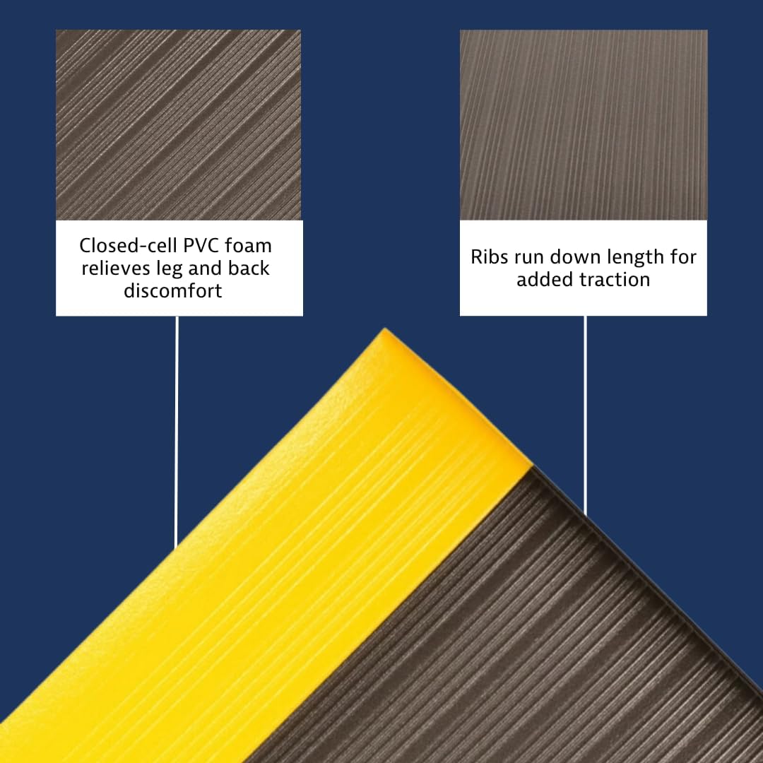 Notrax 410 Airug® 3' x 12' x 3/8" Anti Fatigue Mat, Enhanced Slip Resistance with Beveled Edges and Ribbed Surface, Ideal for Industrial and Commercial Workplaces, Black/Yellow, 410S3312BY