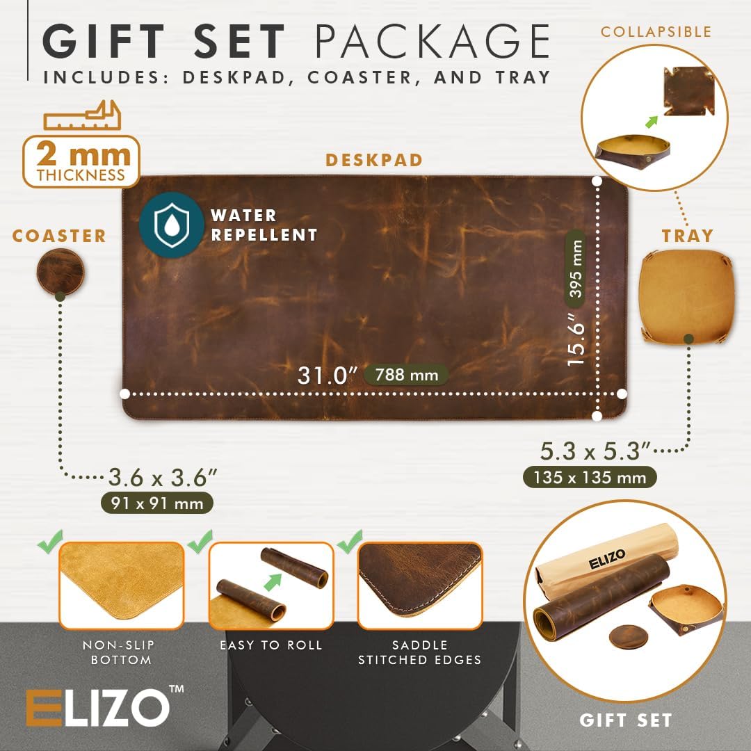 Elizo Real Leather Desk Mat Set (32x16) Large Desk Cover Desk Blotter Protector Computer Gaming Mouse Pad Table Laptop Office Desktop Accessories