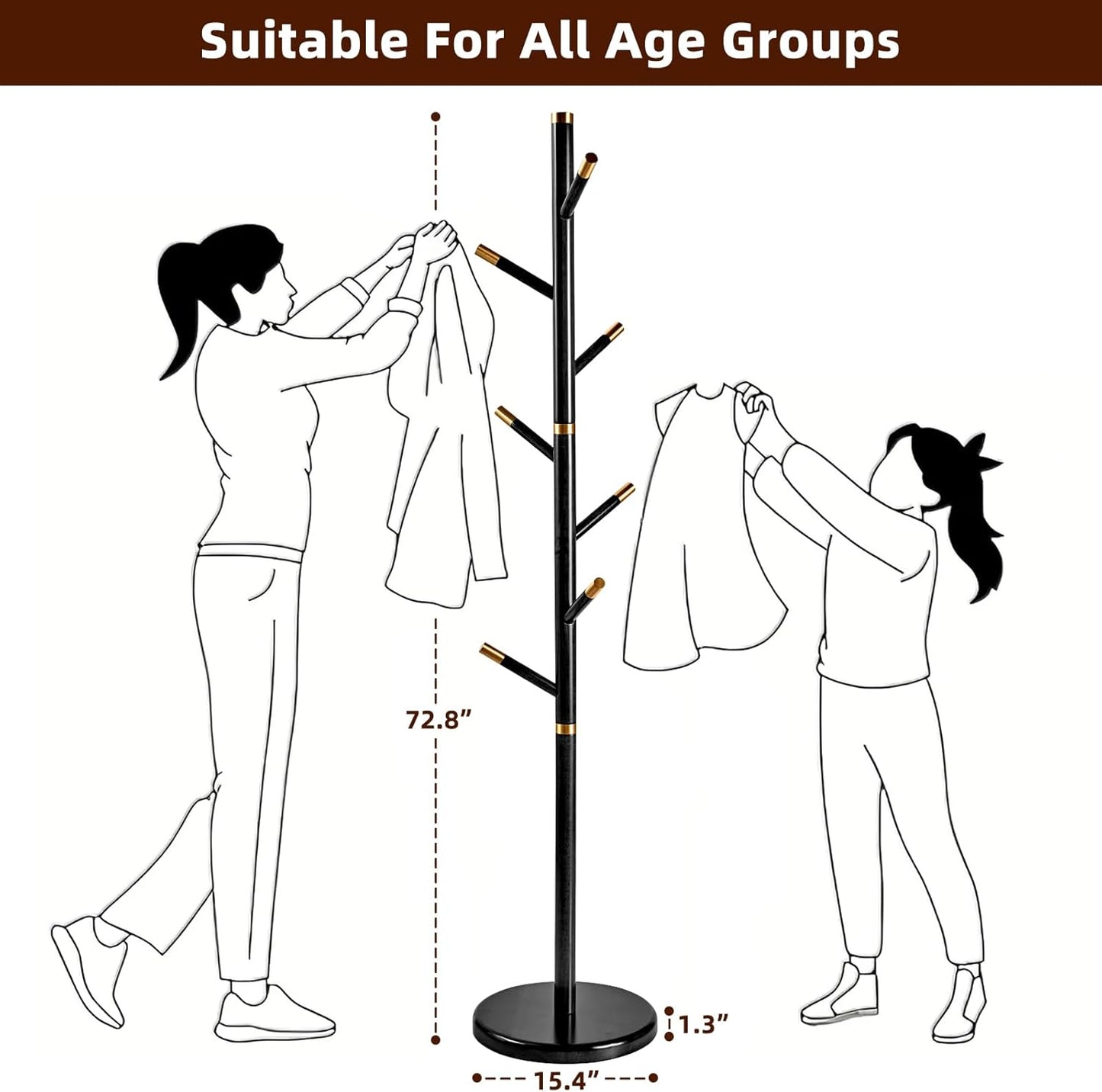 Uniclinens Coat Rack Freestanding Solid Wood Coat Tree Standing with 7 Hooks, Coat Rack Stand Creative Tree Branch-look (Black)