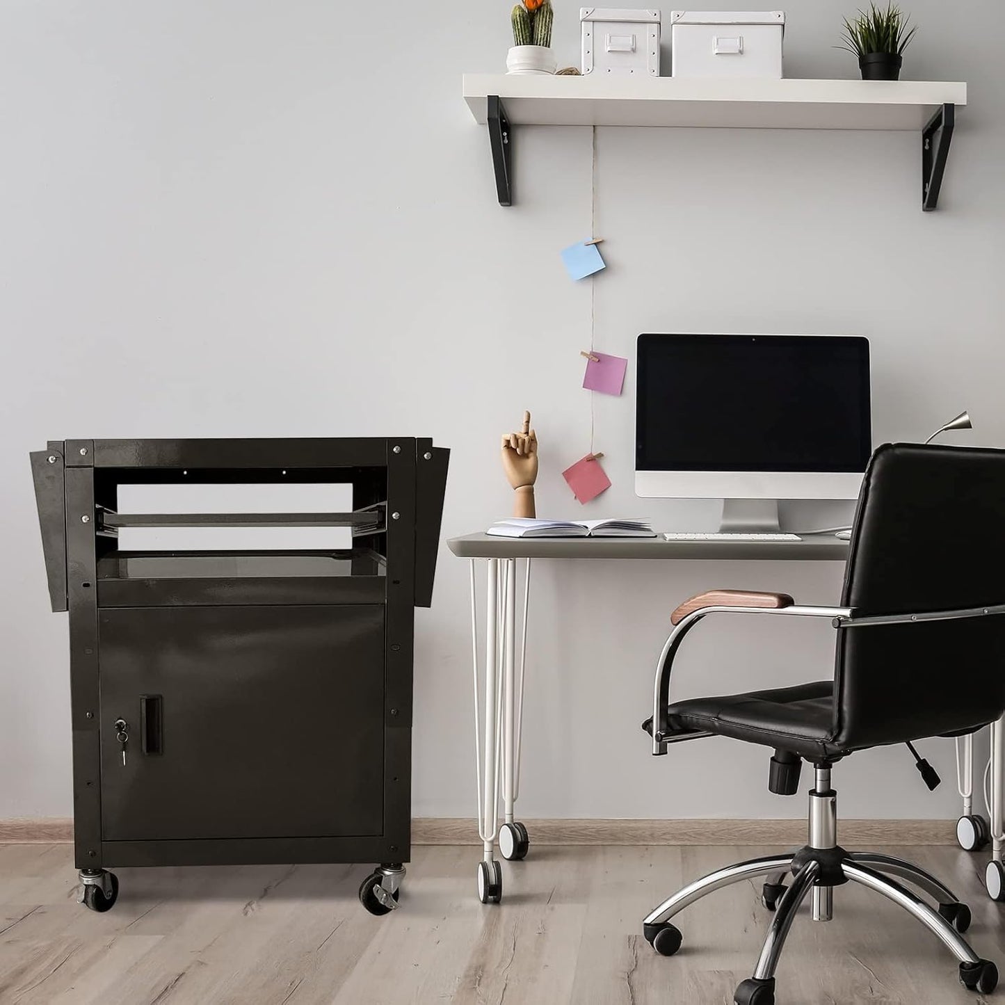 AV Cart with Locking Cabinet and Keyboard Tray Height Adjustable Utility Cart with Extra Storage,Computer Cart with Wheels and Power Strip for Presentations Office Holds 300 Lbs(Black/43”x18”x43”)