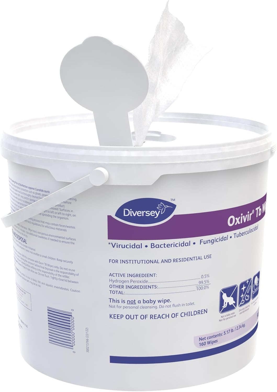 Oxivir Diversey Tb 5627427 Ready-to-Use Disinfectant Cleaning Wipes, Accelerated Hydrogen Peroxide, 11x12-Inch Extra Large Sheets, 160-Wipes, 1-Bucket